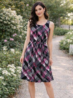 Sleeveless Banana Republic Plaid Print Dress in Black, White & Fuchsia